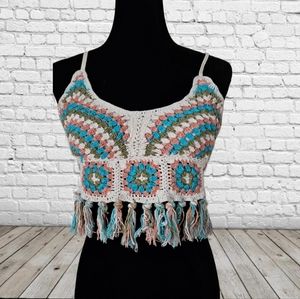 B•O•G Collect NWT BAND OF GYPSIES Fringe Crochet Bralette Top Blue Multi  *